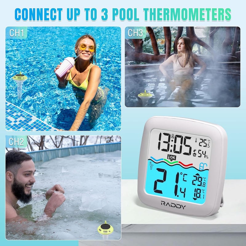Raddy PT-5 TN Wireless Pool Thermometer Floating Easy Read, IPX8 Waterproof Digital Thermometer with Indoor Temperature Humidity Monitor, Alarm Clock, Solar & Battery Powered for Spa, Pond, Aquarium - Image 5